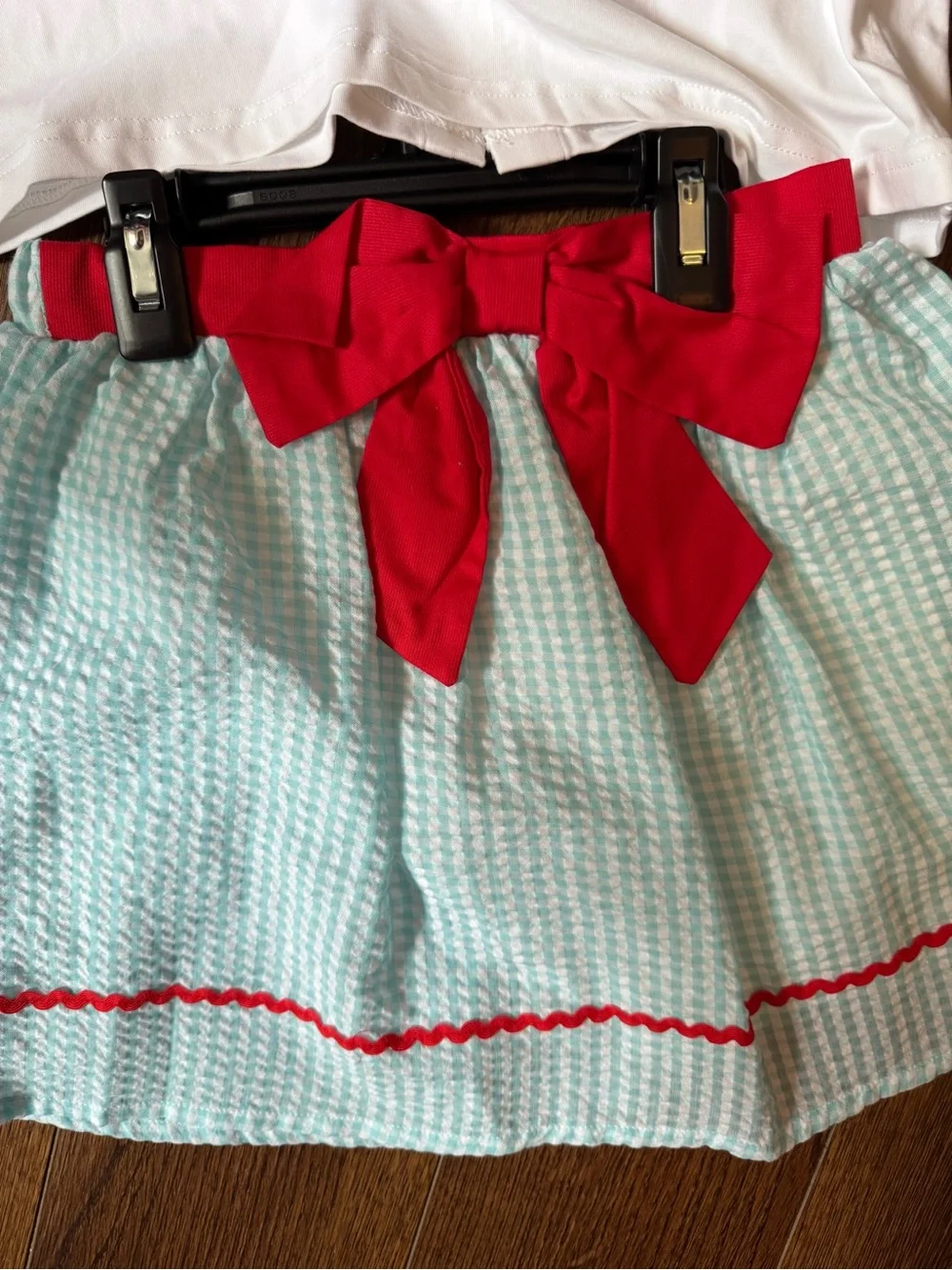 Girls White Top & Mint Skirt Set with Red Apple and Bow